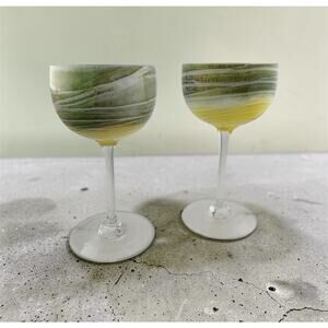 Steven Maslach Volcanic Ash Hand Blown Wine Glasses Set of 2 1978 Yellow/Gr/Blue
